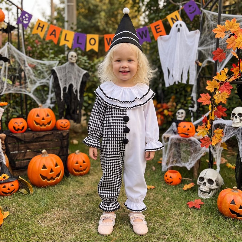 Kids Toddler Clown Costume Romper & Hat Set - White Black, 6-12 Months