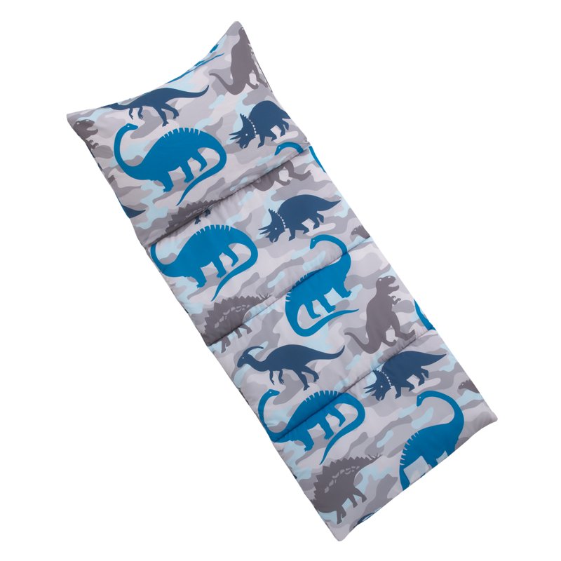 Kids Dino Nap Mat - Large Foldable Preschool Bed with Handles, Navy & Gray