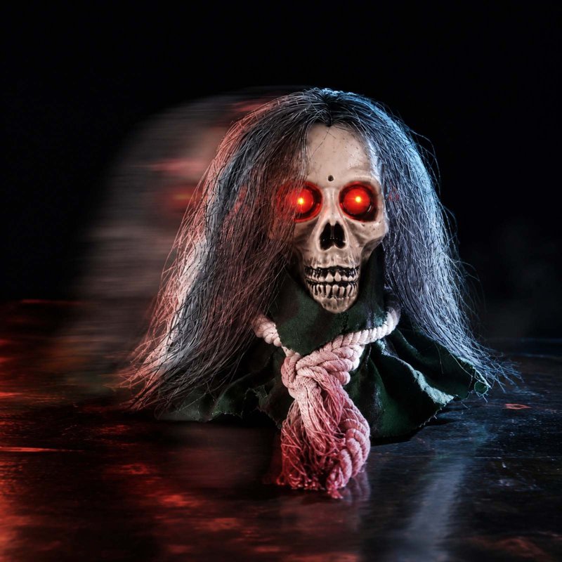 Halloween Moving Skull Head Prop with Long Hair & Glowing Red Eyes - White Variation