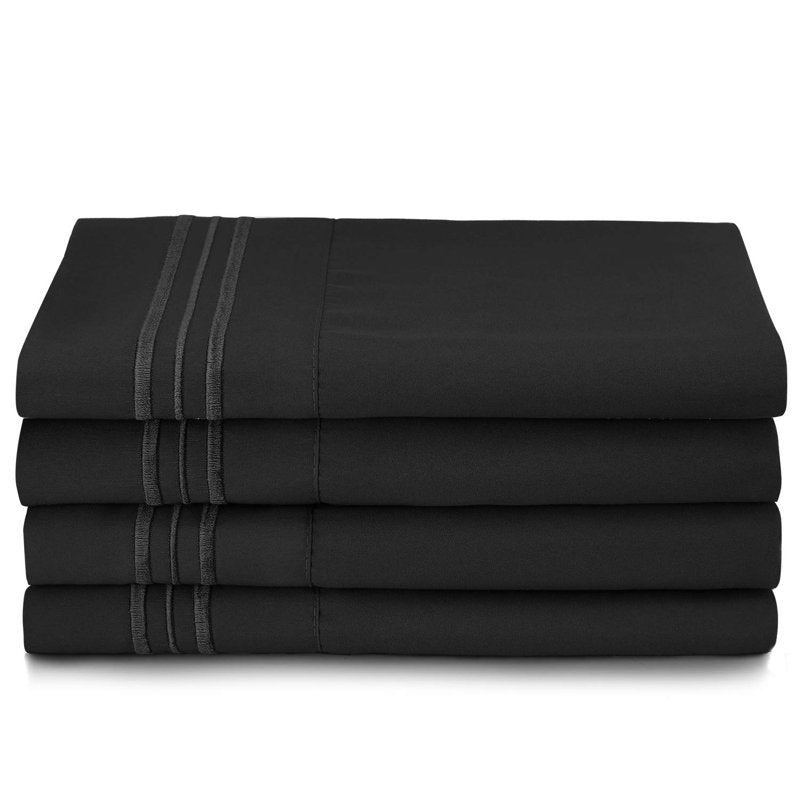 Queen Microfiber Sheet Set - Black 6 Piece Luxury Bedding with Embroidered Pillowcases