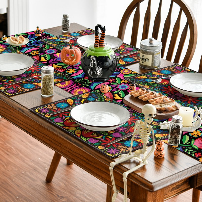 Mexican Dia De Los Muertos Table Place Mats - Multicolor 12x18 Inches, Set of 4 - Party Kitchen Dining Decoration Variation 1