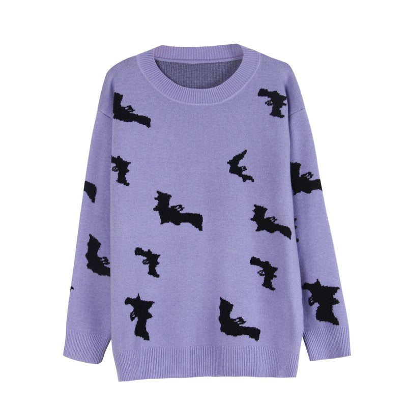 Halloween Sweaters for Women Bat Pattern Long Sleeve Casual Pullover - Purple L