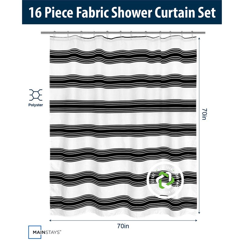 16-Piece Bathroom Shower Curtain Set with Rug, Hooks, Soap Dispenser & Tray - Black Stripe
