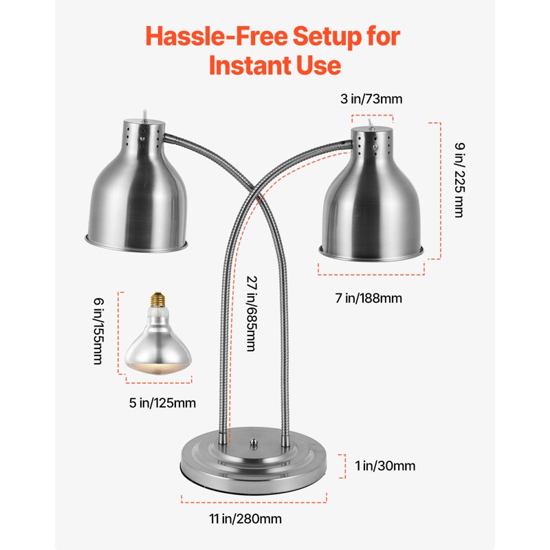 500W Food Warming Lamp - Dual-Head Stainless Steel Heat Lamp