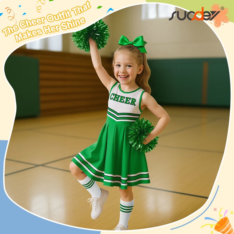 Girls Cheerleader Costume Set - Green, 9-10 Years, Cheerleading Uniform with Accessories