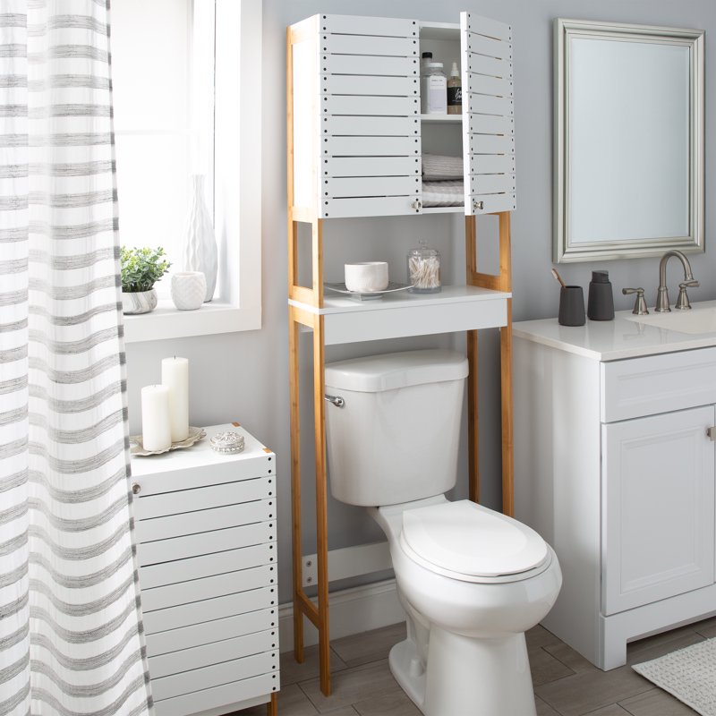 Over-the-Toilet Space Saver Cabinet - 3 Shelf Bamboo White Storage Organizer - Space Saver