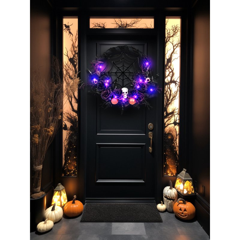 Halloween Wreath Front Door Decoration 18-Inch Artificial Skull with Pumpkin Spider Lights