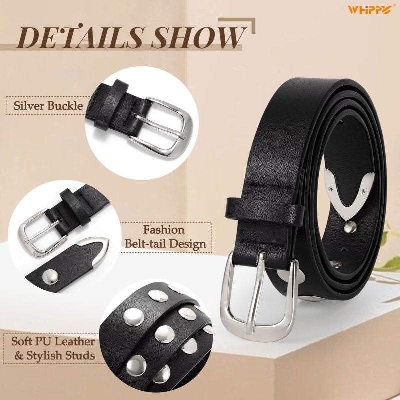 Women's Leather Belt for Jeans & Dresses - Studded Black, Fits Waist 40-44" - Punk Fashion Accessory