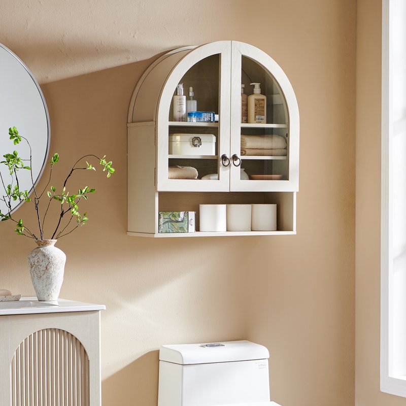 Bathroom Medicine Cabinet with Glass Doors - Cream Wall Mount Arched Storage