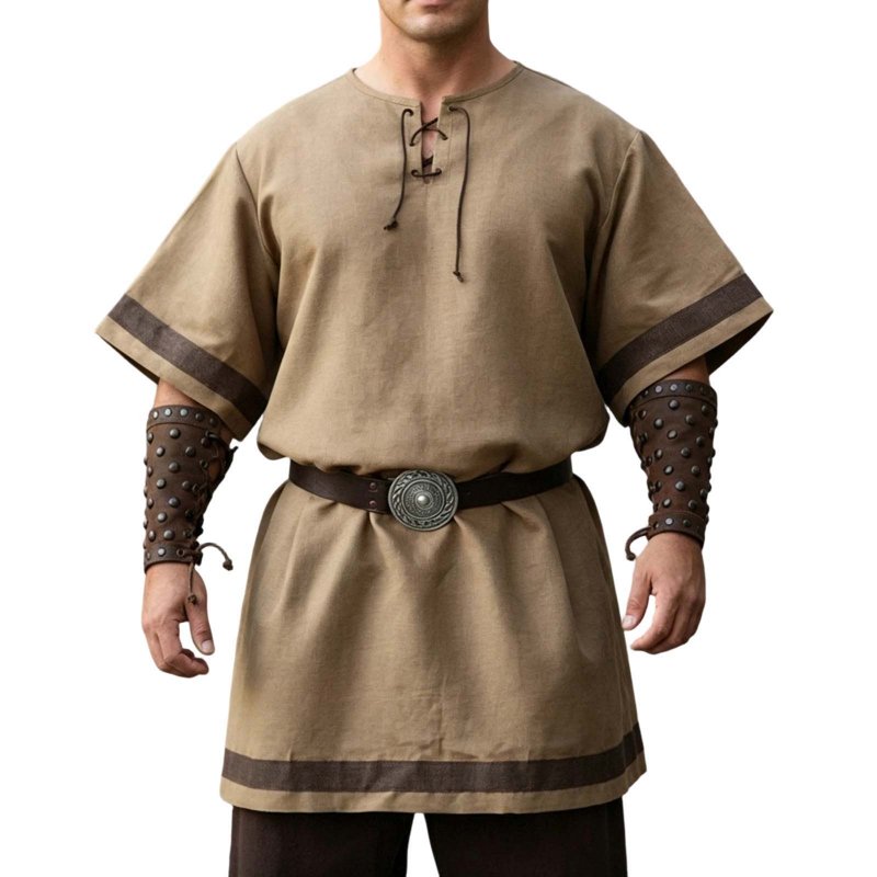 Men's Medieval Viking Surcoat Costume - Khaki L - Short Sleeve Halloween Cosplay