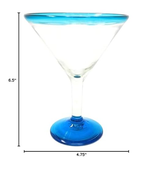 Mexican Hand Blown Glass – Set of 4 Hand Blown Modern Margarita Glasses - Aqua Rim (12 oz)