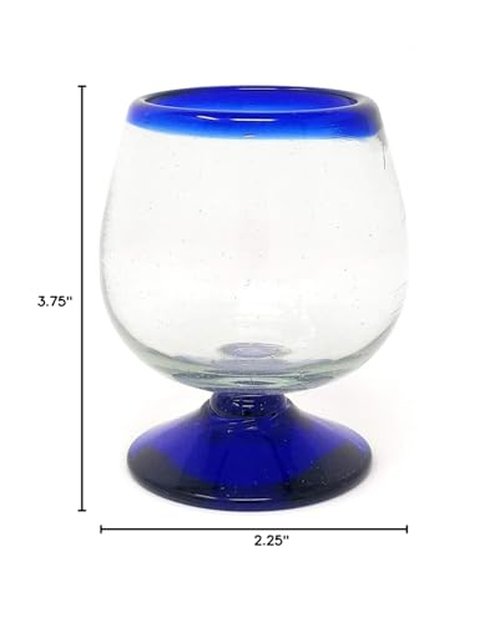 Mexican Hand Blown Glass – Set of 4 Hand Blown Cognac Snifter Glasses - Cobalt Blue Rim