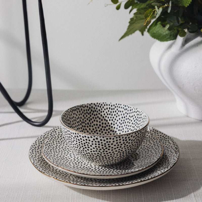 Ceramic Salad Plate - Black and White Dot Design with Gold Rim