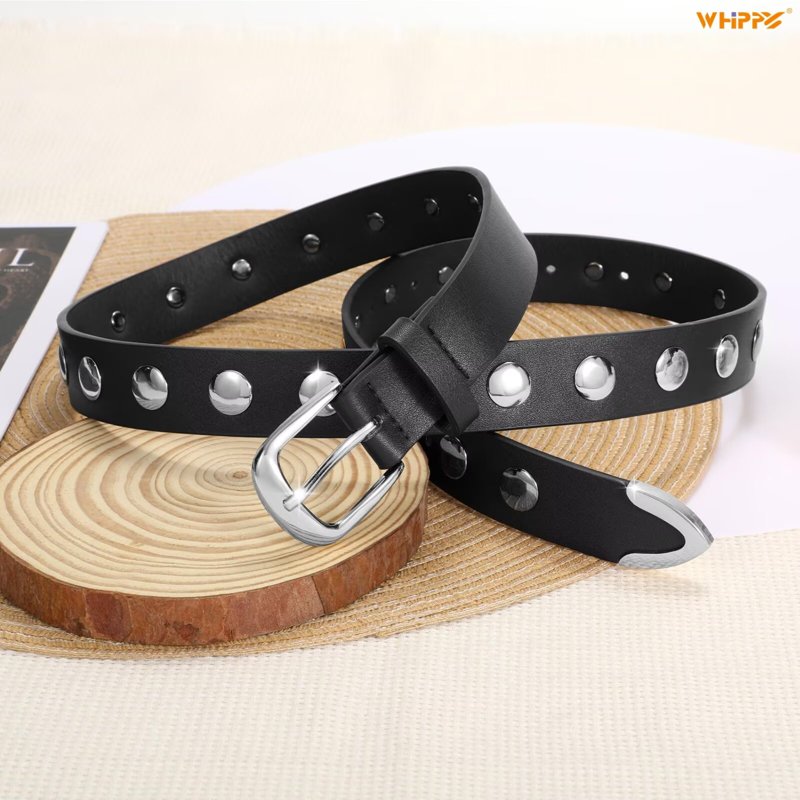 Women's Leather Belt for Jeans & Dresses - Studded Black, Fits Waist 40-44" - Punk Fashion Accessory