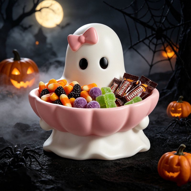 Pink Halloween Ghost Candy Bowl Figurine with Bow & Scalloped Holder