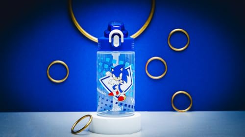 Zak Designs Sonic the Hedgehog Sage Water Bottle For School or Travel, 16oz Durable Plastic Water Bottle With Straw, Handle, and Leak-Proof, Pop-Up Spout Cover (Sonic, Eggman)