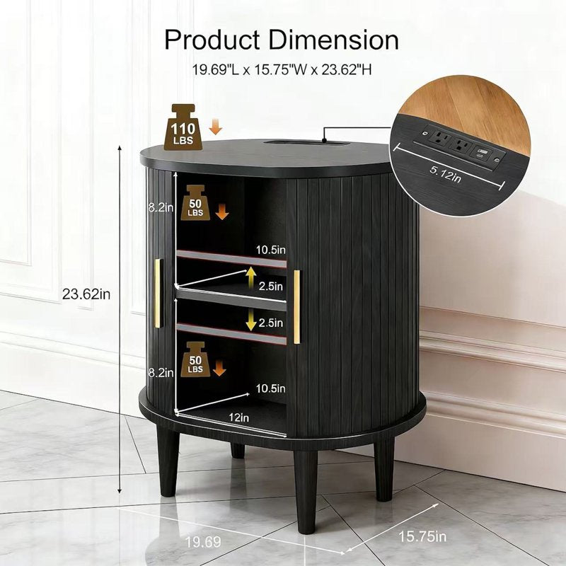 Nightstand with Charging Station - Fluted Accent Table, Black