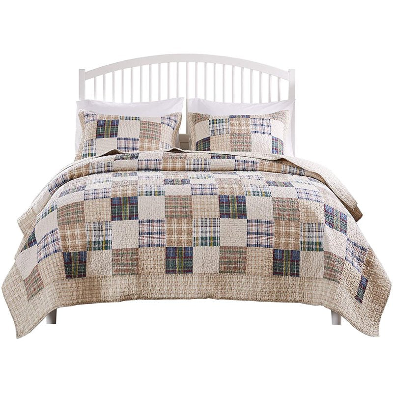Twin XL Reversible Cotton Quilt Set - Taupe, Oxford Plaid Pattern