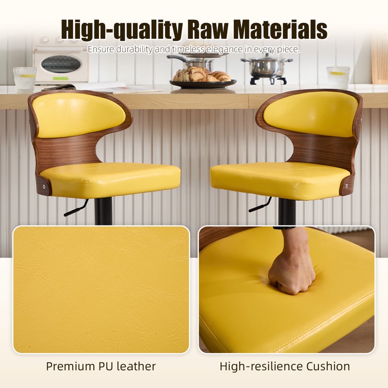 Swivel Bar Stools Set of 2 - Wooden Kitchen Chairs with Back, Yellow