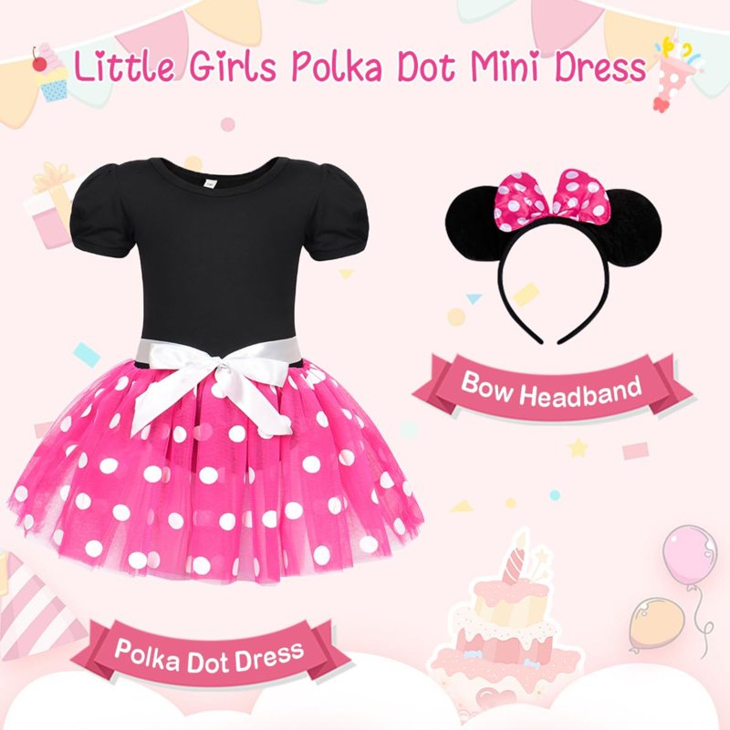 Pink Girls Red Polka Dot Tutu Dress with Bow Headband for Toddler Party & Cosplay - 120cm / 4-5 Years