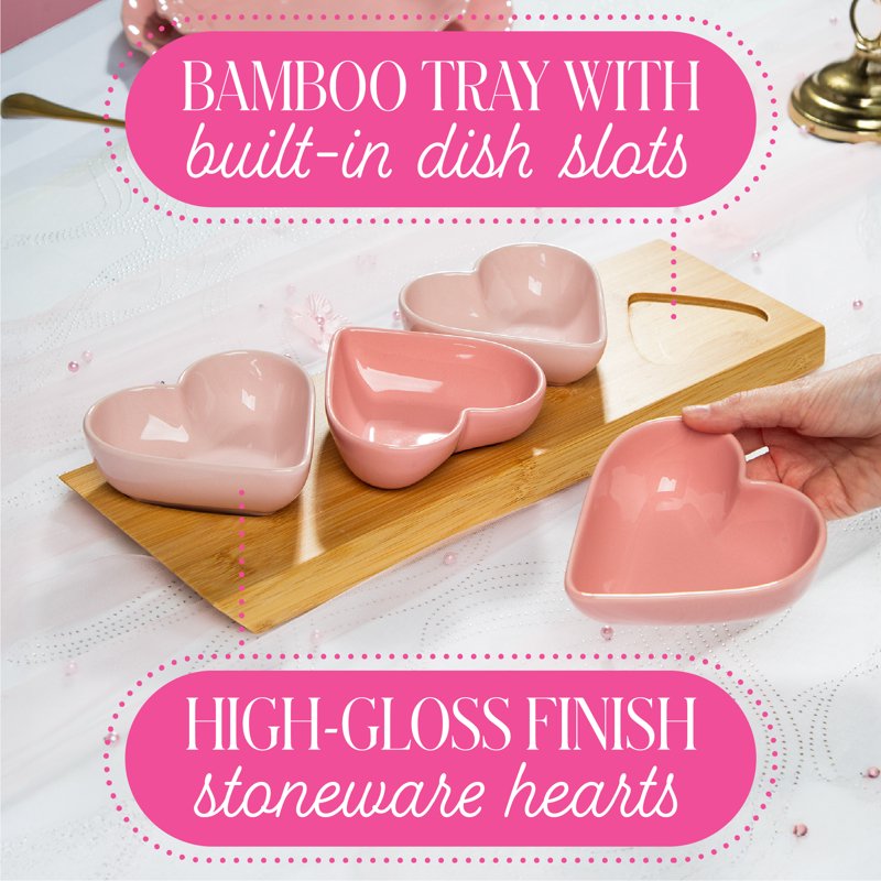 5-Piece Heart Dip Bowl Set with Bamboo Tray - Blush Pink & Rose Pink