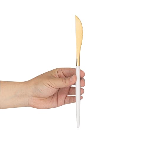 Restaurantware-Moderna 7.75 Inch Fancy Flatware, 500 Durable Plastic Flatware - With White Handle For Grip, Heavy-duty, Gold Plastic Knives, Serrated Edges Or Restaurants