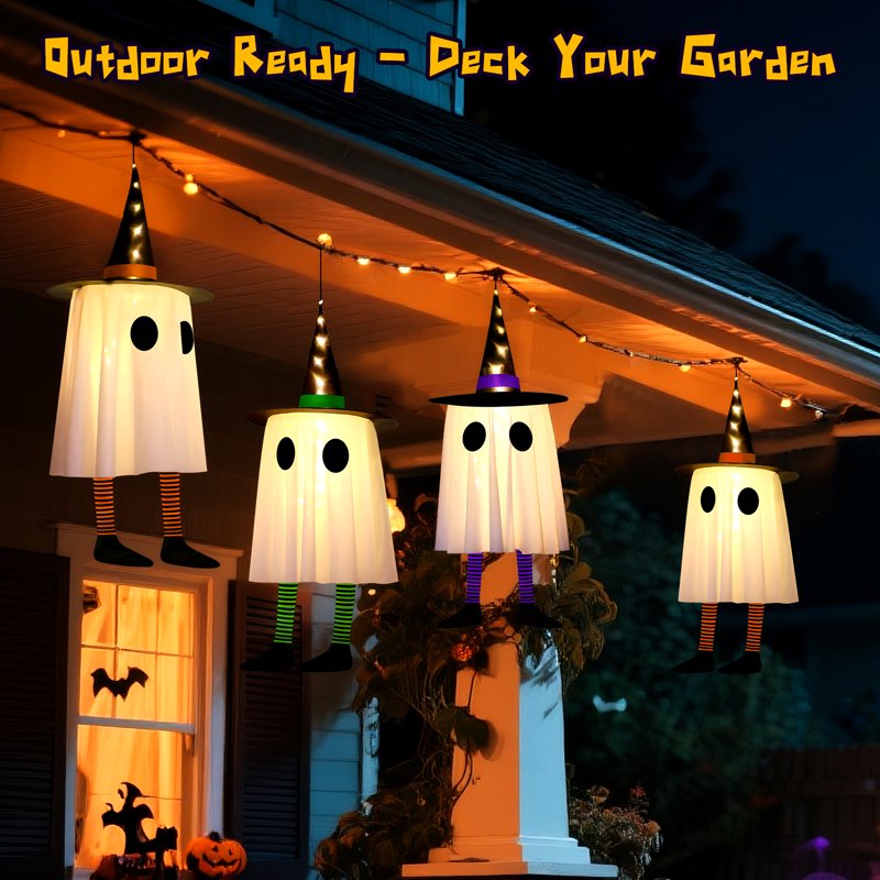 Halloween LED Hanging Lights 3-Pack Witch Ghosts - Purple, Green, Orange, Waterproof Battery Case, 3 Modes - 3pcs Witch Ghosts