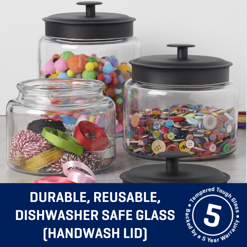 Glass Storage Jars with Black Metal Lids - 3 Piece Set