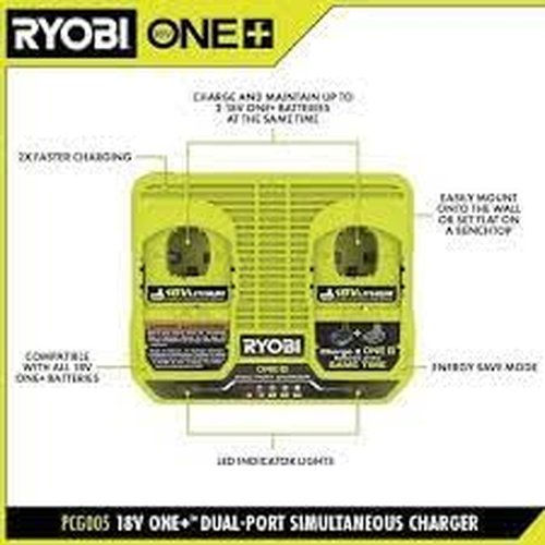 RYOBI ONE+ 18V Dual-Port Simultaneous Charger - Charges 2 Batteries at Once, 2X Faster Charging, LED Indicators - PCG005
