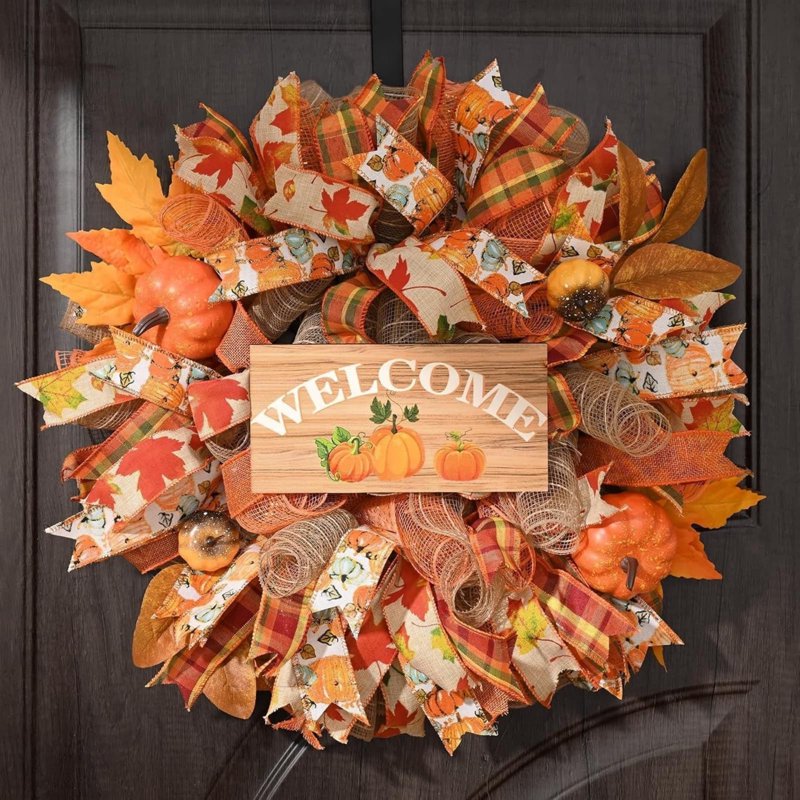 Artificial Fall Wreath for Thanksgiving Decorations - Hanging Indoor Outdoor Holiday Decor - Variation 003 Thanksgiving