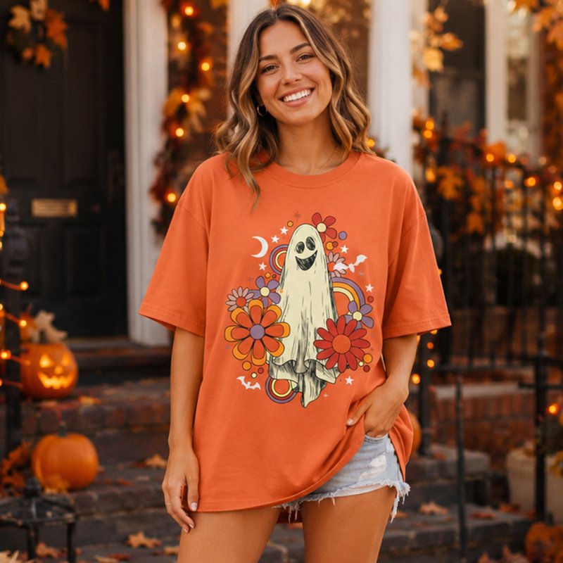 Orange Oversized Halloween Ghost Castle Graphic T-Shirt for Women XXL