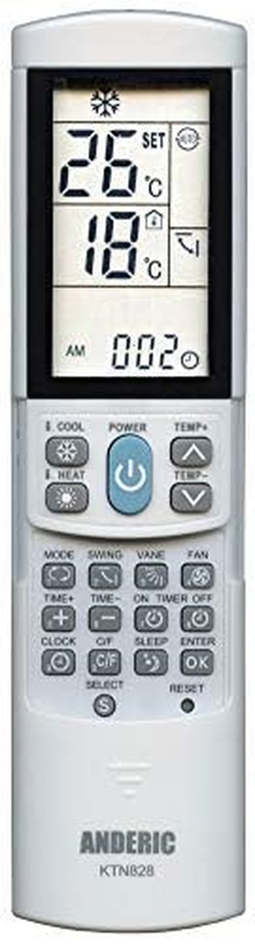 Anderic KTN828 Air Conditioner Remote Control, White – Universal, Compatible with Many Mini-Split, Window, Wall & Portable AC Units – Easy Programming, Backlit LCD, Intelligent Cool & Heat Modes