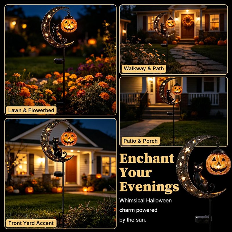 Solar Halloween Black Cat & Pumpkin Moon Garden Stake Light - Waterproof Metal Yard Decor - Variation B