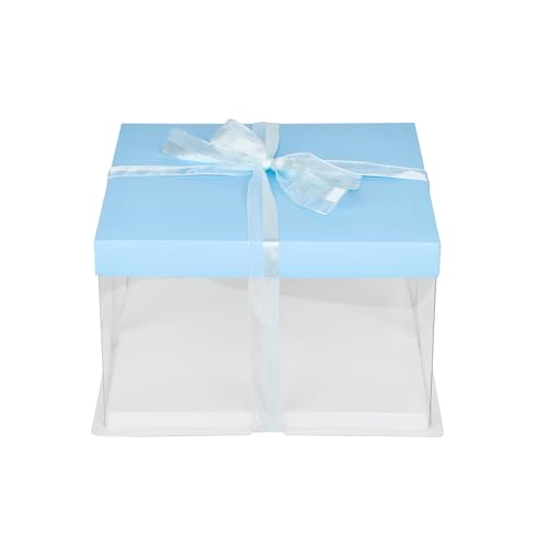 Restaurantware-Sweet Vision 10 Inch x 8.25 Inch Transparent Cake Boxes, 10 Grease Resistant Base Clear Cake Boxes - Blue Lid, Blue Ribbon, Plastic Birthday Box, For Weddings Or Birthdays