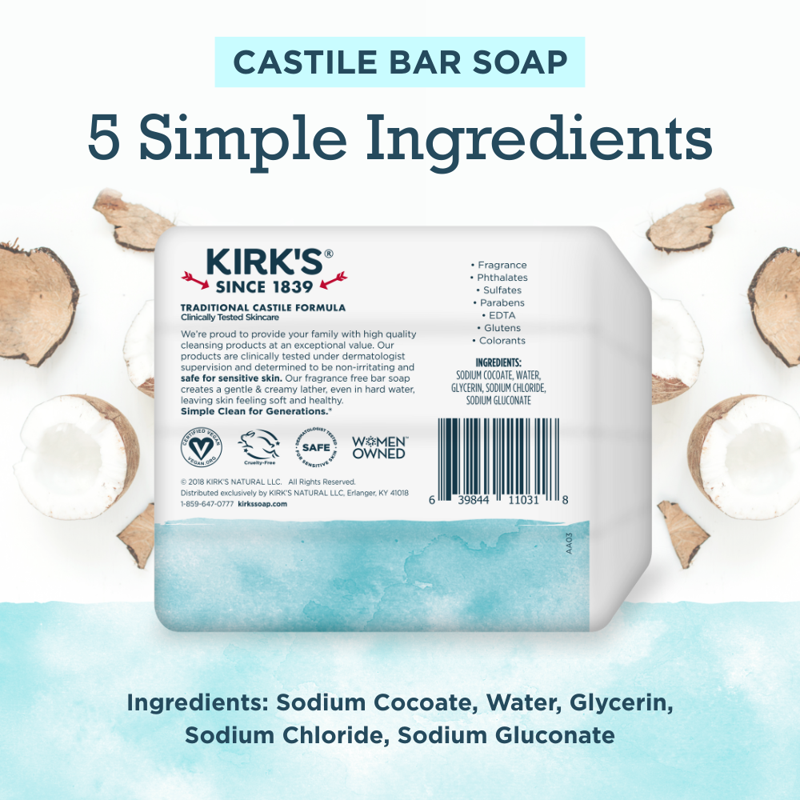 Castile Bar Soap - 100% Coconut Oil Formula, Fragrance Free, 4 oz - 4 Pack