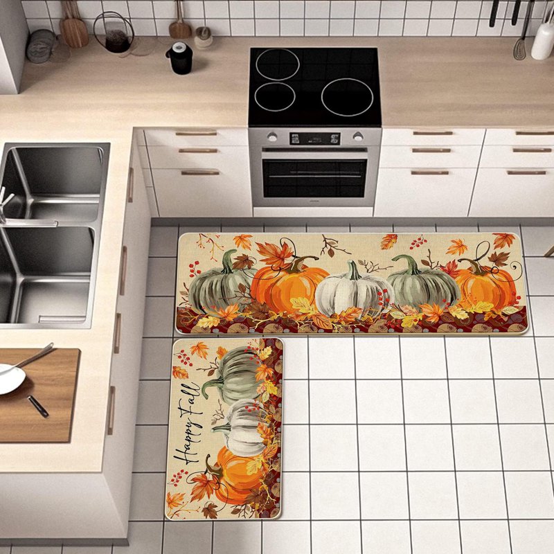 Halloween Kitchen Mats Set - Orange Pumpkin Non-Slip Rug for Floor Decor, 2 Pieces