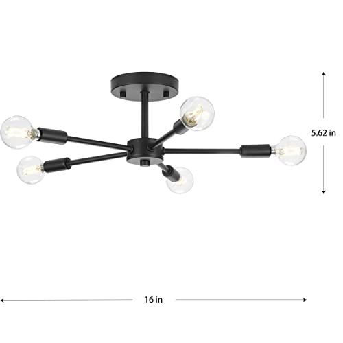 Progress Lighting Delayne Collection 16 in. 5-Light Matte Black Close-to-Ceiling Light Etched Glass Modern