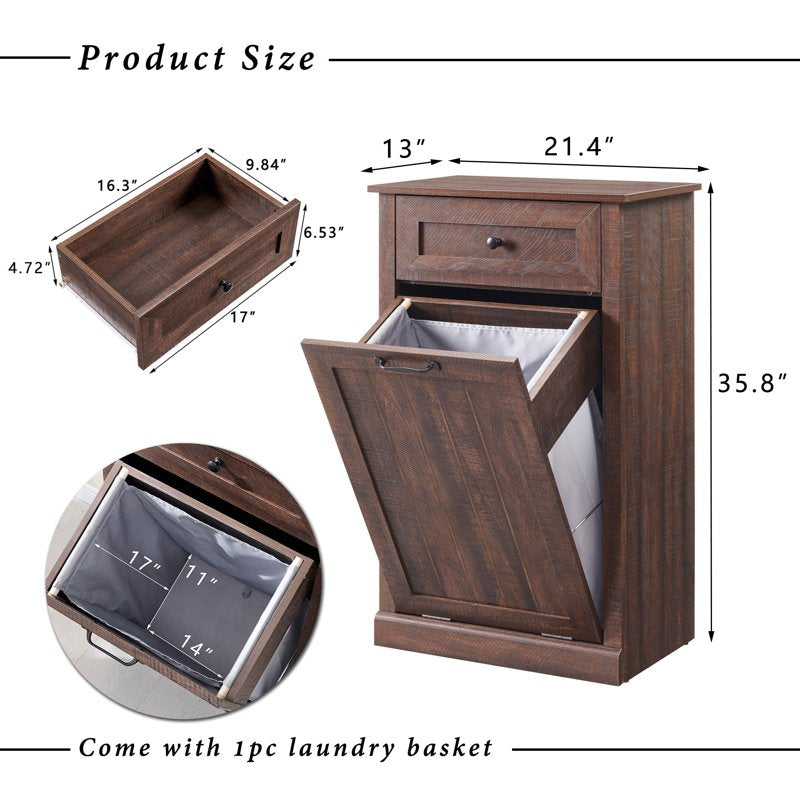 Tilt Out Trash Can Cabinet - 10 Gallon Wooden with Drawer - Brown