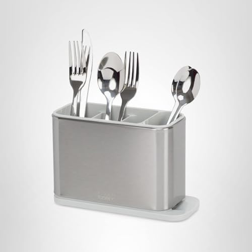 Joseph Joseph Surface Kitchen Sink Silverware Drainer, Utensil Cutlery and Kitchen Gadgets Holder with Draining Base, Stainless Steel, Gray