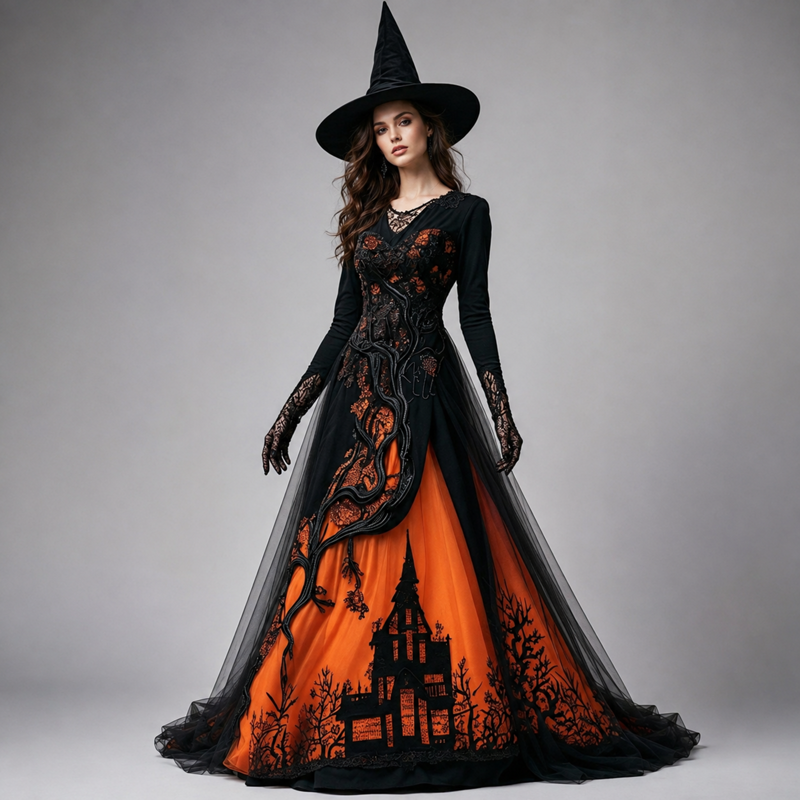 Women's Halloween Gothic Tree Thorn Pattern Lace Maxi Dress - Orange, L