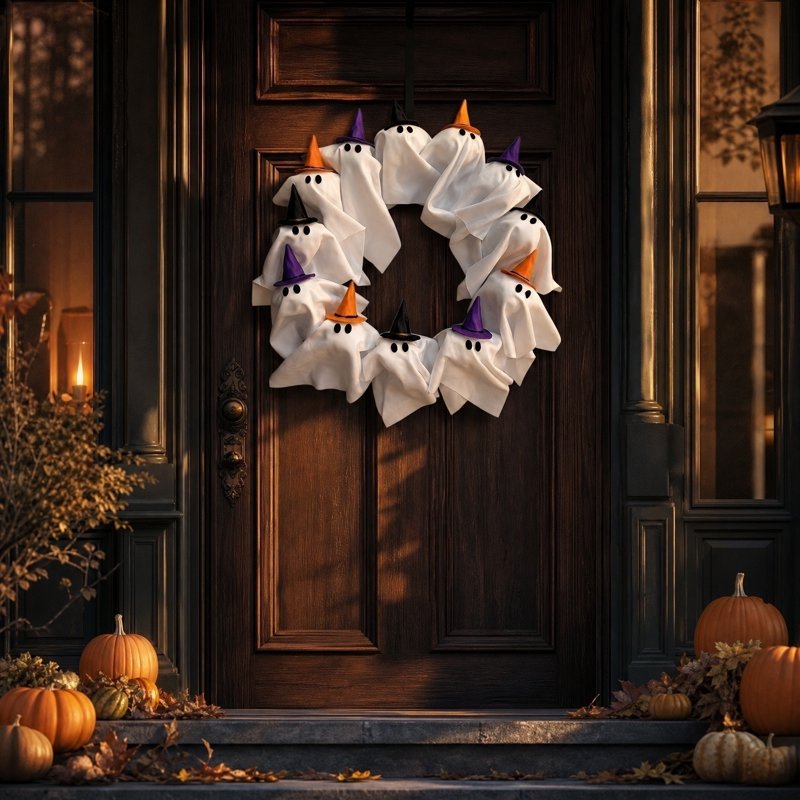 15.7-inch LED Light-Up Ghost Wreath with Witch Hats for Halloween Front Door Decor