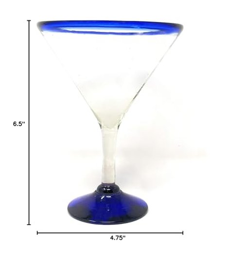 Mexican Hand Blown Glass – Set of 4 Hand Blown Modern Margarita Glasses - Blue Rim (12 oz)
