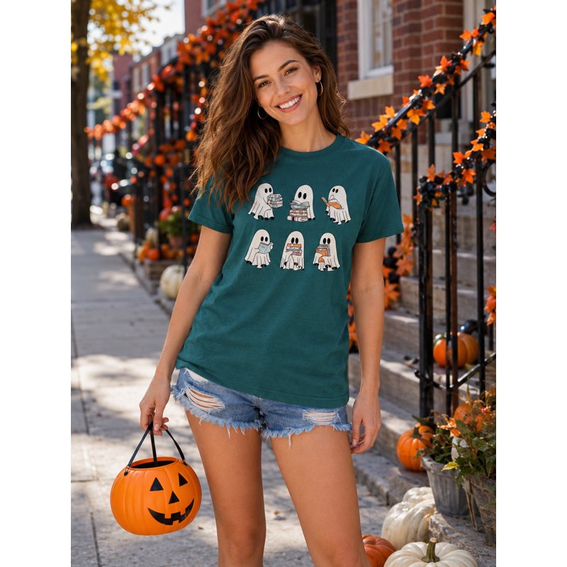 Halloween Teacher Shirt for Women Ghost Reading Books Graphic Tee - Green XXL