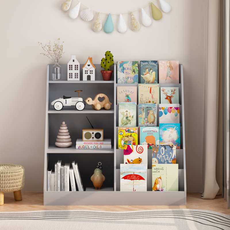 4-Tier Children's Bookshelf with Toy Storage - Gray