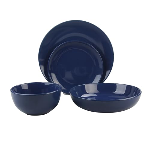 16 Piece Coupe Stoneware Dinnerware Set with Dinner Bowl, Service for 4, Cobalt Blue