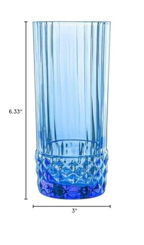 Bormioli Rocco America '20s Set Of 6 Cooler Glasses, 16.5 Oz. Colored Crystal Glass, Sapphire Blue, Made in Italy.
