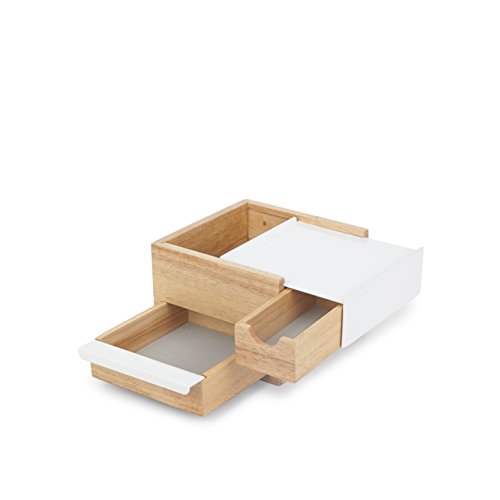 Umbra Mini Stowit Jewelry Box - Modern Keepsake Storage Organizer with Hidden Compartment Drawers for Ring, Bracelet, Watch, Necklace, Earrings, and Accessories (White/Natural)