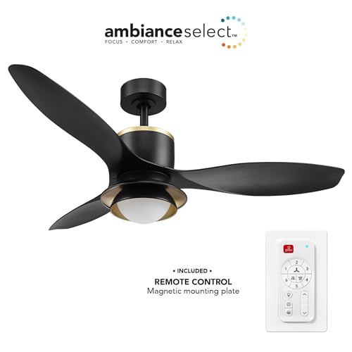 GLOBE Electric 27106 48" Ceiling Fan with LED Light, Remote Control, WhisperQuiet DC Motor, 6 Speeds, Black with Brass Accents, Reversable Airflow, Ceiling Fans with Lights, Ceiling Lighting