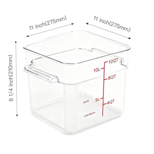 TSUBOR 4 Pack Food Storage Containers with Red Lids, 12.0 Qt - Square, Clear, Polycarbonate, for Restaurant Commercial Kitchen and Home party