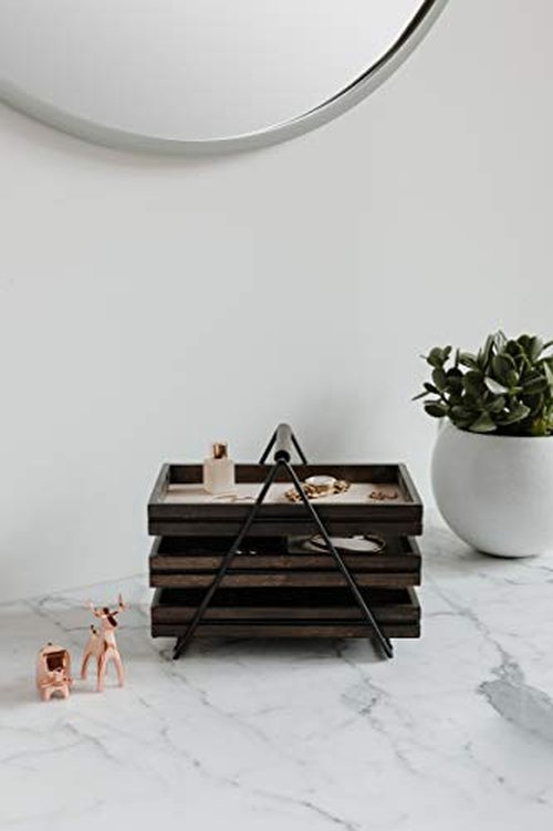 Umbra 1004037-048 Terrace Jewelry Tray – Three-Tier Jewelry Tray With Three Sliding Linen Lined Wood Trays With Metal Frame and Handle, Easy Storage and Access, Black/Walnut Finish